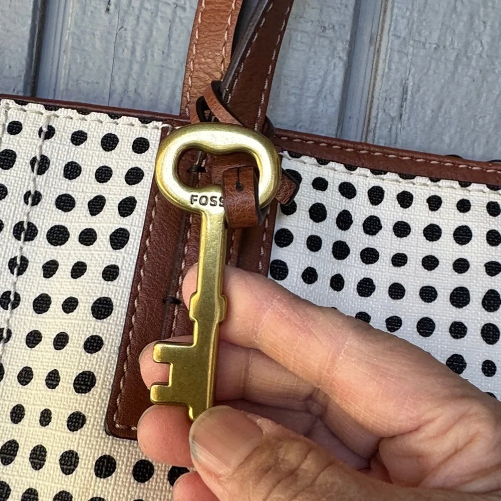 Fossil White Tote with Black Polka Dots and Brown Leather Trim